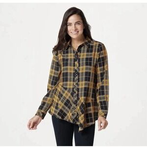 Susan Graver Women's Button-Up Top Plaid Black Gold Large Classic Shirt